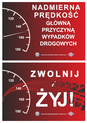 Plakat edukacyjno-informacyjny. Na czerwonym tle napisy nadmierna główną prędkość przyczyną wypadków drogowych. Żyj i zwolnij.  Po lewej stronie prędkościomierz.