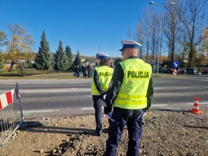 Policjantka i policjant ruchu rogowego przy drodze. Policjantka zatrzymuje pojazdy kierując ręcznie ruchem na drodze.