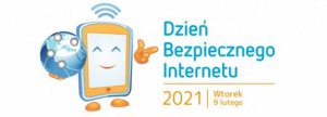 Grafika przedstawiająca animację telefonu komórkowego, który trzyma w ręce kulę ziemska. Obok po prawej stronie napisy Dzień Bezpiecznego Internetu.