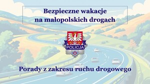 Policyjna odznaka na tle drogi z informacją o poradach z zakresu ruchu drogowego.