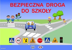 Grafika przedstawiająca drogę, na niej auta, dzieci i przejścia dla pieszych, promująca akcję &amp;quot;Bezpieczna Droga do Szkoły&amp;quot;.