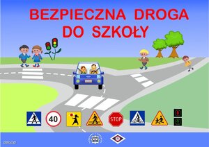 Grafika przedstawiająca drogę, na niej auta, dzieci i przejścia dla pieszych, promująca akcję &amp;quot;Bezpieczna Droga do Szkoły&amp;quot;.