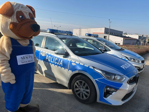 Maskotka MOPS na tle radiowozu