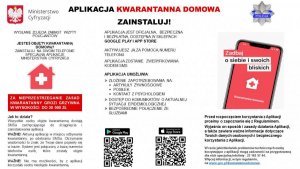 Plakat Ministerstwa Cyfryzacji z informacją o działaniu aplikacji kwarantanna i jej możliwościach. Plakat zawiera informacje o tym, że za nieprzestrzeganie kwarantanny grozi grzywna w wysokości do 30 tysięcy złotych.