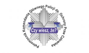 Logo Pełnomocnika do Spraw Ochrony Człowieka Komendy Głównej Policji na tle policyjnej odznaki. Na środku znajdują się napisy czy wiesz, że.