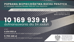 Plakat Wojewody Małopolskiego informujący o dofinansowaniu przejść dla pieszych na rzecz poprawy bezpieczeństwa pieszych.