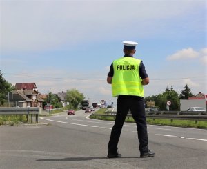 Policjant ruchu drogowego w odblaskowej kamizelce stoi tyłem. W tle widać drogę i jadące po niej samochody.