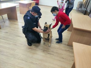 Policjant kuca przy policyjnym psie. Obok dziecko głaszcze czworonoga