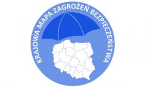 Logo Krajowej Mapy Zagrożeń Bezpieczeństwem. Na białym Tle mapa Polski z podziałem na województwa.