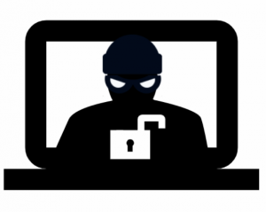 Grafika czarno-biała. Animacja ekranu i zamaskowanej osoby. Na dole ekranu i postaci otwarta kłódka symbolizująca udostępnianie danych.