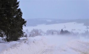 Zdjęcie zimą. Śnieg pokrywa całą powierzchnię krajobrazu. Po lewej stronie widać las.