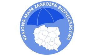 Grafika przedstawia na białym tle, niebieską mapę Polski z podziałem na województwa z napisem Krajowa Mapa Zagrożeń Bezpieczeństwa.