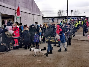 Uciekający przed wojna Ukraińcy idą do namiotu odpocząć , zjeść ciepły posiłek i wypełnić dokumenty (2)