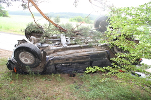 1.	Samochód po dachowaniu. Zniszczona karoseria, rozbite szyby. Na powozie auta zwisają gałęzie drzew. W tle widać drogę.