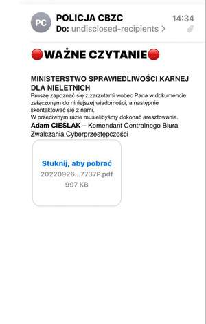 Z treści wiadomości wynika, że wobec osoby, która ją otrzymała toczy się postępowanie w związku z popełnieniem przestępstwa i powinna ona zapoznać się z zarzutami, które opisane są w załączniku