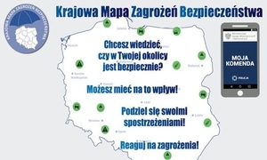 Plakat Krajowa Mapa zagrożeń bezpieczeństwa. Niebieska Mapa Polski na białym tle.