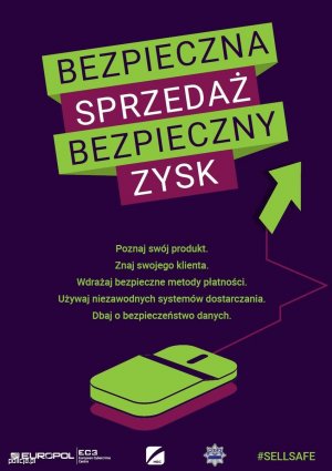 Plakat dotyczący akcji. Na fioletowym tle napisy bezpieczna sprzedaż bezpieczny zysk.