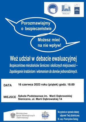 Plakat debaty ewaluacyjnej z informacją o temacie,  czasie i miejscu spotkania.