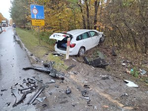 Biały samochód w rowie po kolizji. Auto zniszczone. Na jezdni różne elementy pojazdu. W tle mokra droga i ruch uliczny. Pogoda jesienna.